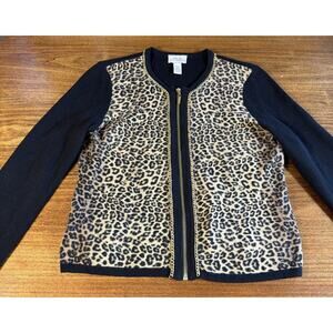 Chicos 1 30 Years Cheetah Leopard Gold Zip Cardigan Sweater Chain Womens Sz M